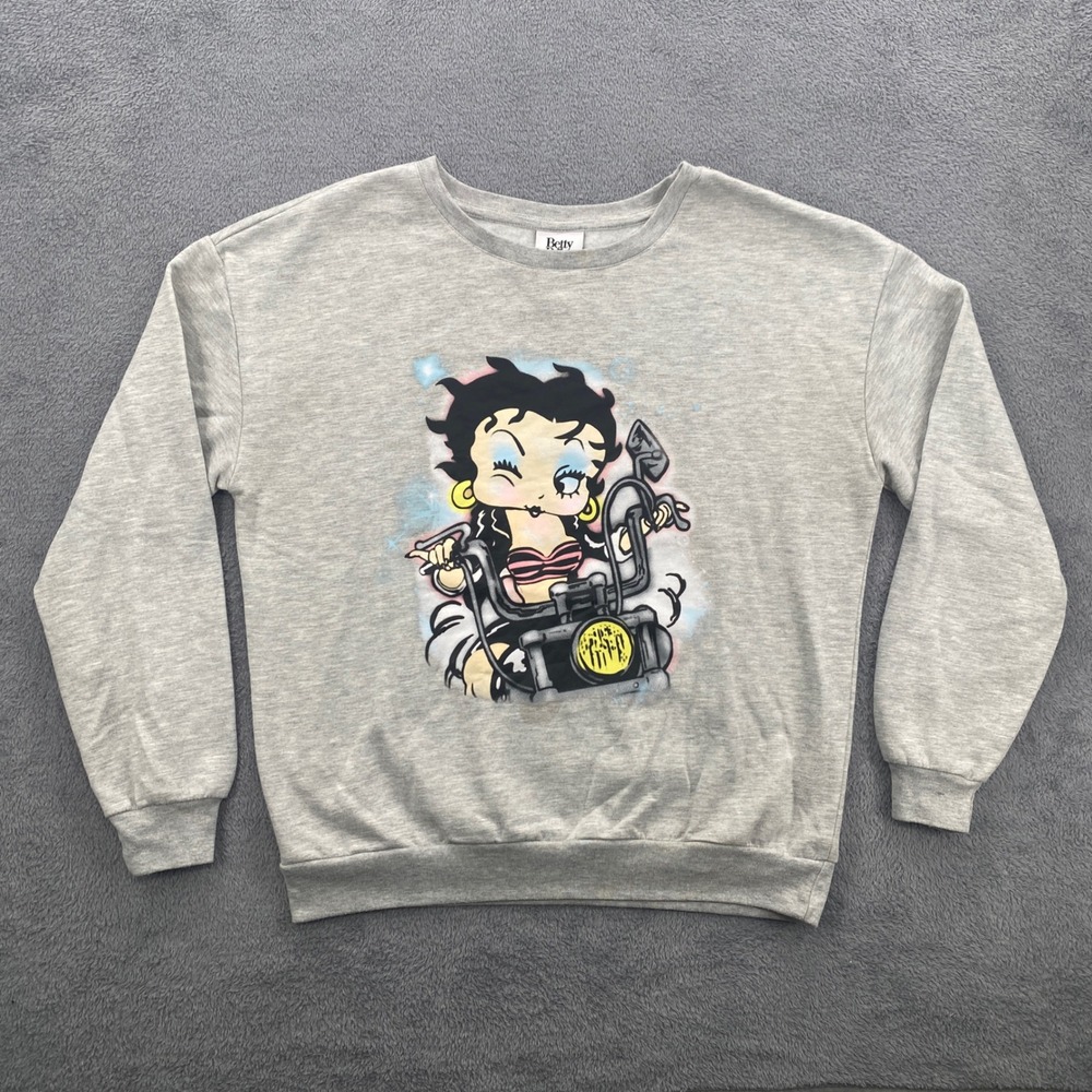 Betty Boop Sweatshirt Womens Large Gray Motorcycle Graphic Pullover 22 Fleischer
